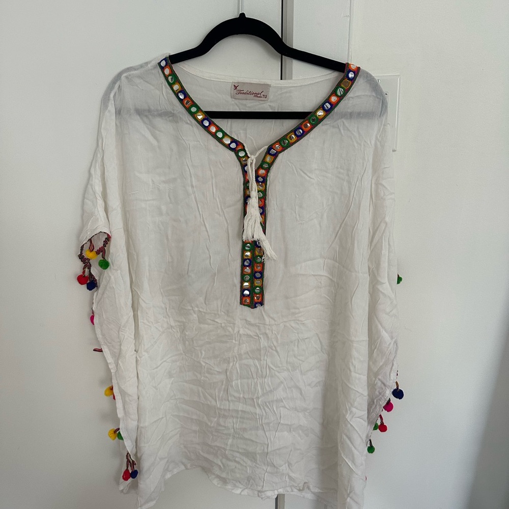 Cotton beach kaftan cover with pompoms
